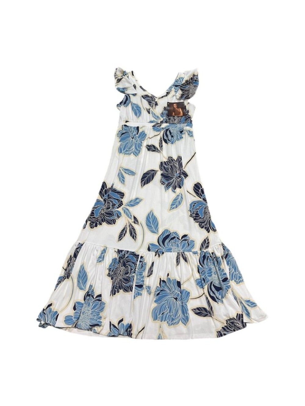 Iman Global Chic Blue Floral Maxi Dress VNeck Size MP Medium Petite NWT Hawaiian - Picture 2 of 10
